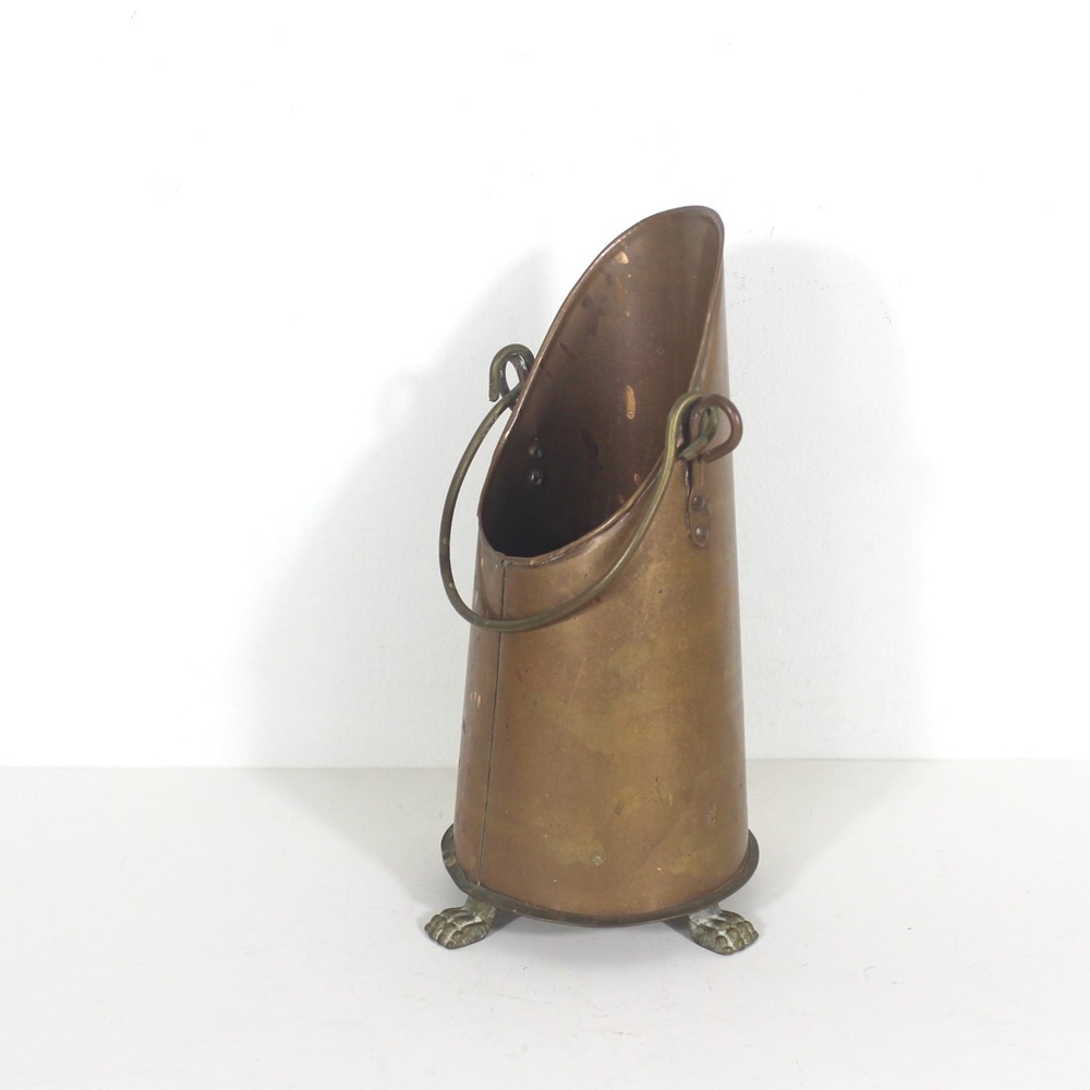 Tall Copper Coal Scuttle with Brass Handle and Paw Foot Details, Vintage Vase